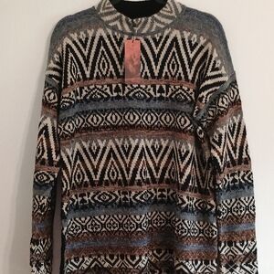 Peruvian Connection Crewneck Sweater - Blue, Brown, Cream